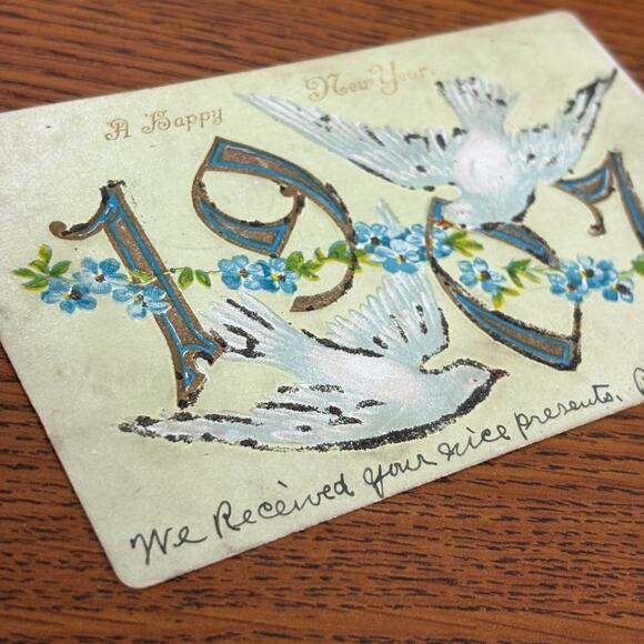Antique Happy New Year Holiday Postcards Lot of 5 Early 1900s 1907 Gilt Embossed - Picture 3 of 13